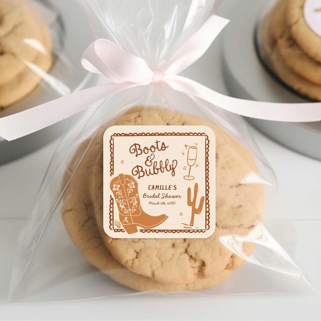 Stiefel und geklebter Western Quadratischer Aufkleber (Boots and Bubbly Hand Drawn Whimsical Bridal Shower sticker)