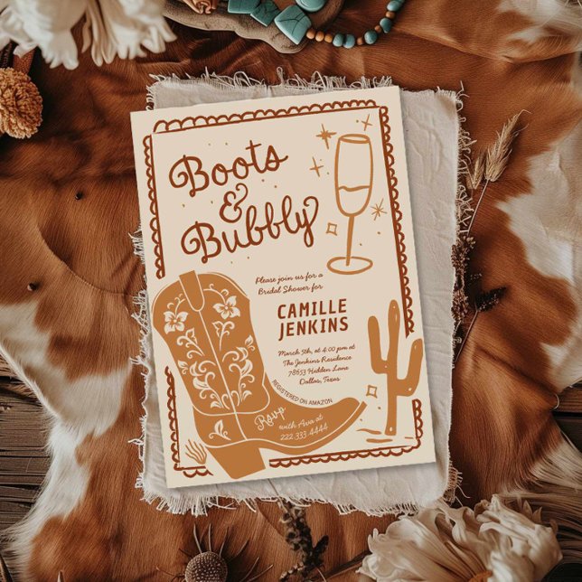 Stiefel und handgezogenes Brautparty Einladung (Boots and Bubbly Hand Drawn Bridal Shower Invitation)