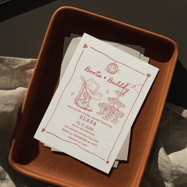 Stiefel und handgezogenes rotes Brautparty Einladung (boots & bubbly bridal shower invitation last rodeo hand drawn red )