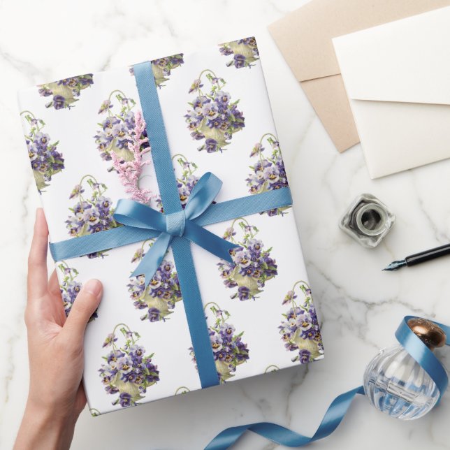 Stiefmütterchen-Korb auf Weiß  Geschenkpapier (Schenken)