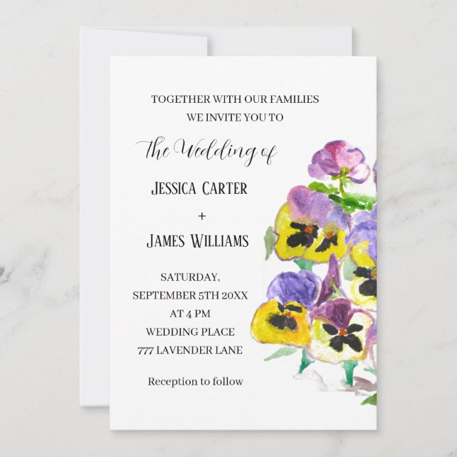 Stiefmütterchen Pansy Floral Watercolor Hochzeit Einladung (Vorderseite)