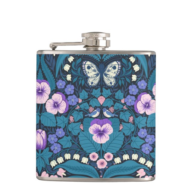 Stiefmütterchen, Vögel und Schmetterlinge Flachmann (Vorderseite)