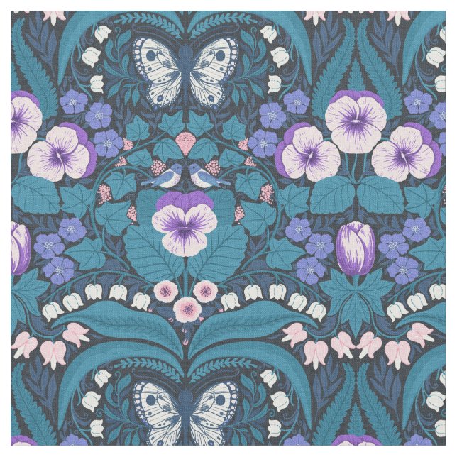 Stiefmütterchen, Vögel und Schmetterlinge Stoff (Nahaufnahme)