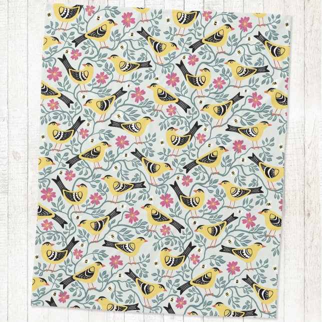 Stieglitz und Prairie Rose Vogelblume Fleecedecke (Goldfinch Prairie Rose bird flower arts and crafts style block print fleece blanket)