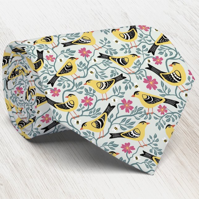 Stieglitz und Prairie Rose Vogelblume Krawatte (Willow goldfinch wild prairie rose Iowa state bird flower heritage inspired pattern neck tie)