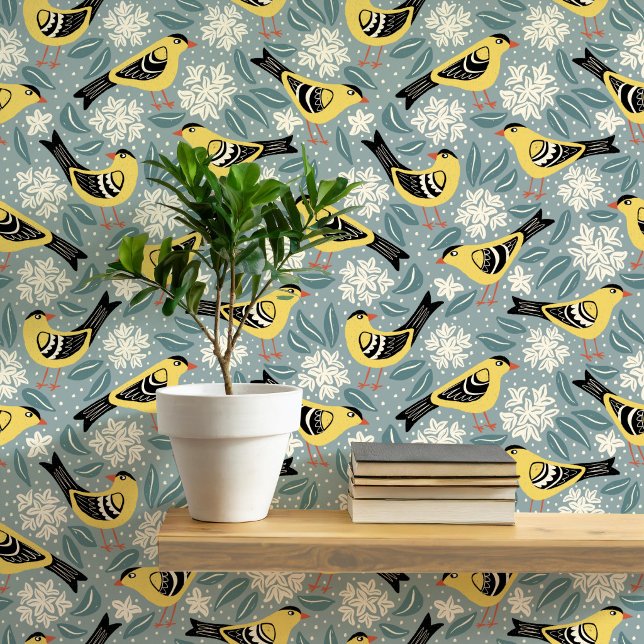 Stieglitz und Rhododendron-Vogelblume Tapete (Willow Goldfinch Coastal Rhododenron bird and flower wallpaper)