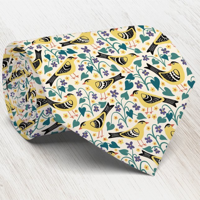Stieglitz und Wald-Veilchen Vogel Blume Krawatte (Willow Goldfinch Wild Wood Violet New Jersey state bird flower heritage inspired pattern neck tie)