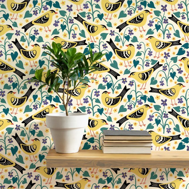 Stieglitz und Waldveilchen-Vogel-Blume Tapete (Goldfinch bird and Wood Violet wild flower block print arts and crafts style wallpaper)