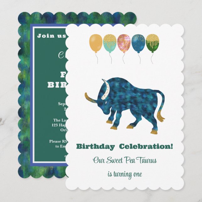 Stier 1. Geburtstag Impressionist Gold Glitter Einladung (Vorne/Hinten)