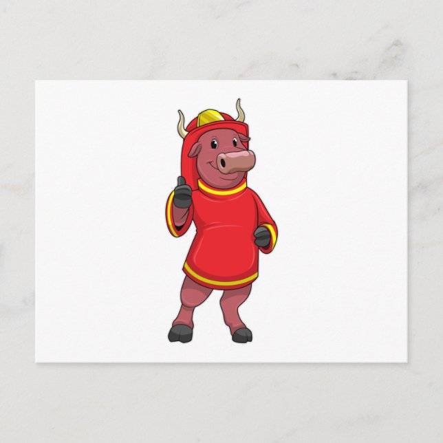Stier als Feuerwehrmann mit Helm Postkarte (Vorderseite)