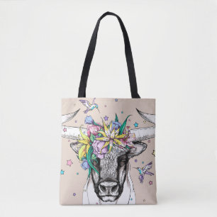 Stier aus niedlichem Cartoon in einem Blumenkranz.