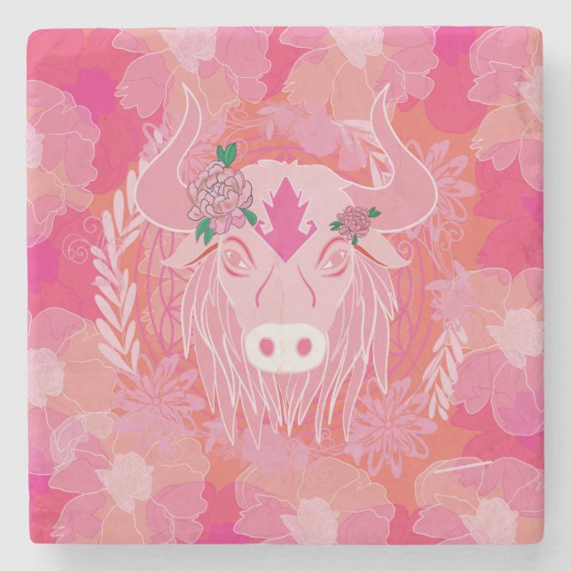 Stier, Blume des Lebens, blau, mandala,zen,chakra Steinuntersetzer (Vorderseite)