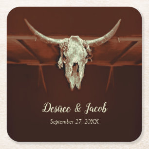 Stier-Schädel-Hochzeit Rustikal Braun Land Western Rechteckiger Pappuntersetzer