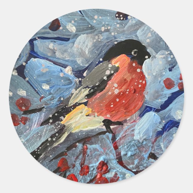 Stierfinch auf einem Zweig mit roten Beeren, es is Runder Aufkleber (Vorderseite)