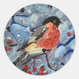 Stierfinch auf einem Zweig mit roten Beeren, es is Runder Aufkleber