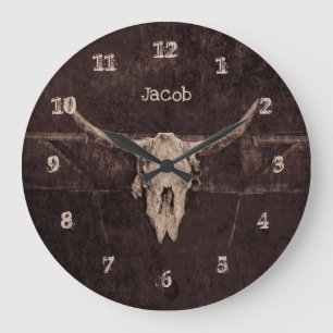 Stierschädel Western Country Braun Beige Alt Rusti Große Wanduhr