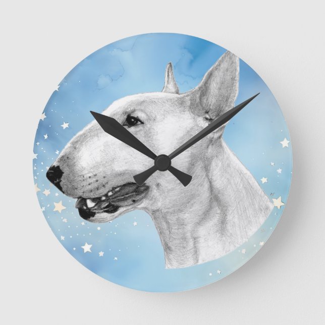 Stift Bull Terrier zeichnend Runde Wanduhr (Vorderseite)