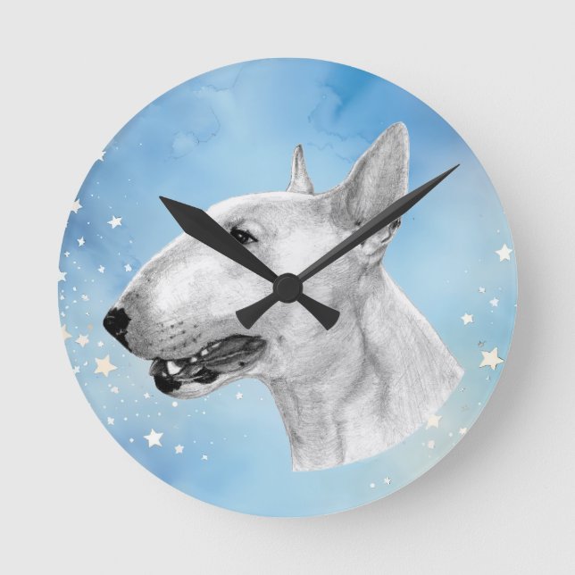 Stift Bull Terrier zeichnend Runde Wanduhr (Vorderseite)