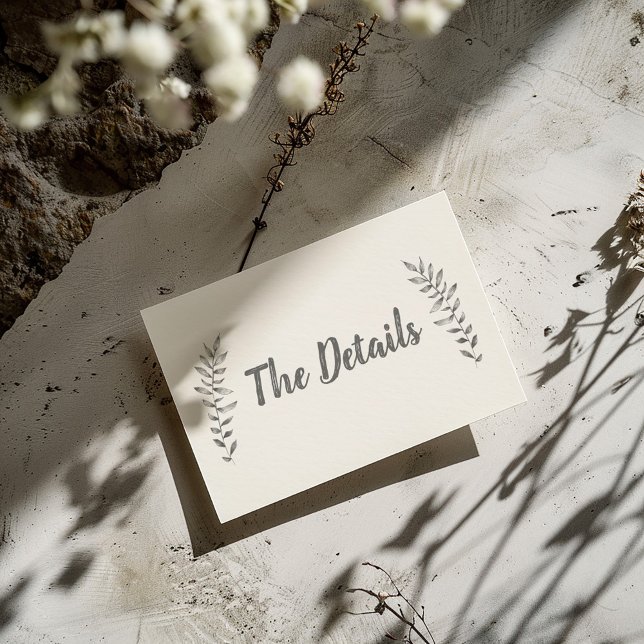 Stift gezeichnet Blätter die Details Begleitkarte (Light and simple "The Details" wedding enclosure card with pencil drawn style leaves)
