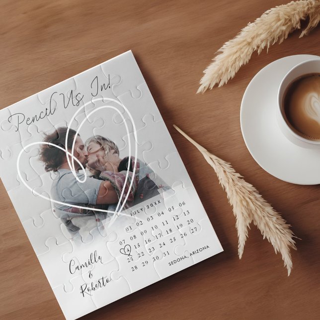 Stift im Kalender Modernes Minimales Foto Puzzle (Pencil Us In Calendar Modern Minimal Couple Photo Jigsaw Puzzle)