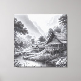 Stift Sketch einer gemütlichen Hütte am Fluss Leinwanddruck