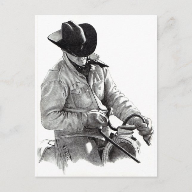 Stift Zeichnend Cowboy in Saddle, Western Art Postkarte (Vorderseite)
