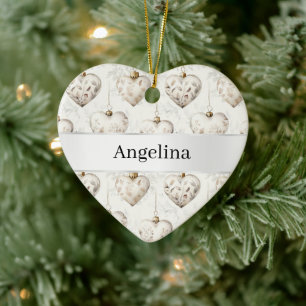 Stilechte Creme-Herzen mit Silberband Weihnachten Keramik Ornament