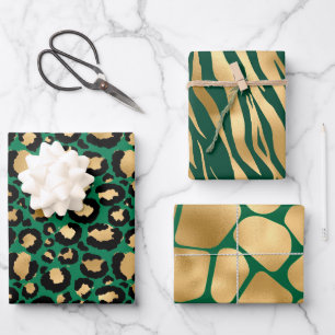 Stilechte grüne und goldene Safari-Wildtiermuster Geschenkpapier Set