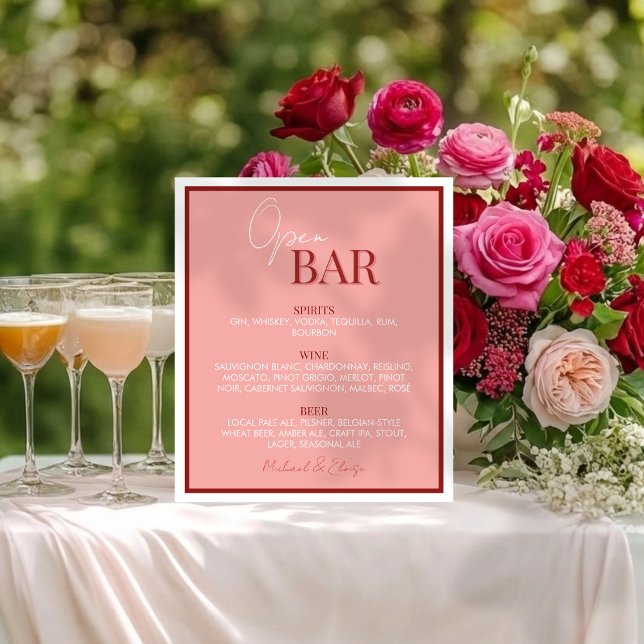 Stilechte Hochzeit mit rosafarbenem Open Bar Sockelschild (Accent your cocktail hour bar in style with this Stylish Pinky Pink Open Bar Wedding Sign!)