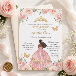 Stilechte Quinceañera-Rosa-Blumen-Braun-Prinzessin Einladung