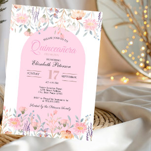 Stilechte rosa Wildblumen Ihr Foto Quinceañera Einladung