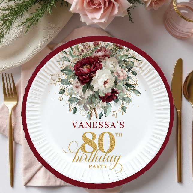 Stilechte tiefrote Blumen 80. Geburtstagspapierpla Pappteller (Stylish Deep Red Floral 80th Birthday Paper Plates)