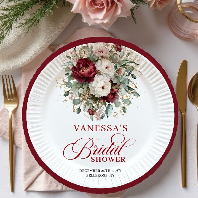Stilechte tiefrote Blumen-Hochzeitsdusche-Papierpl Pappteller (Stylish Deep Red Floral Bridal Shower Paper Plates)