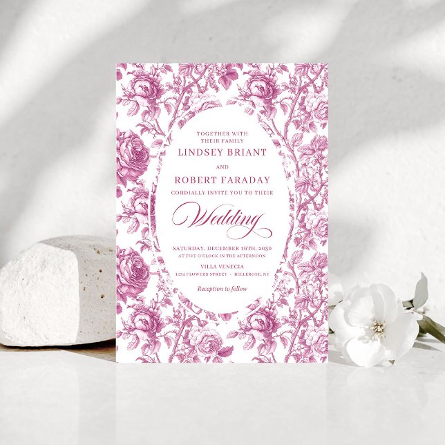 Stilette Dusty Rose Toile Rosen Hochzeitseinladung Einladung (Stylish Dusty Rose Toile Roses Wedding Invitation Card

)