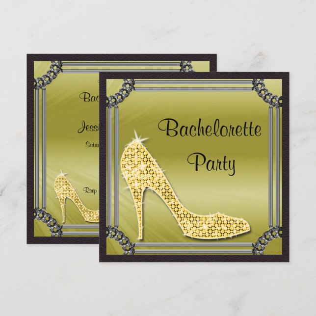 Stiletto Bachrlorette, Gerahmtes Gold Einladung (Vorne/Hinten)
