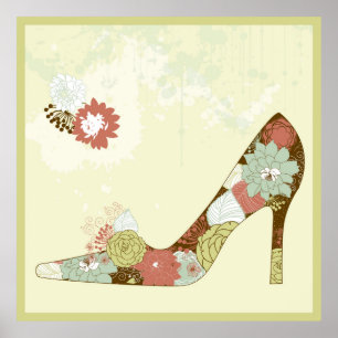 Stiletto Blumenschuhe Beige Brown & Green Akzent Poster
