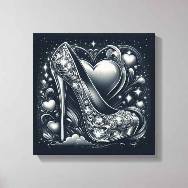 Stiletto High Heels mit Herz und Diamanten Leinwanddruck (Vorderseite)