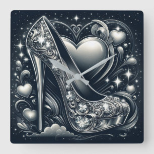 Stiletto mit Herz und Sternen Quadratische Wanduhr