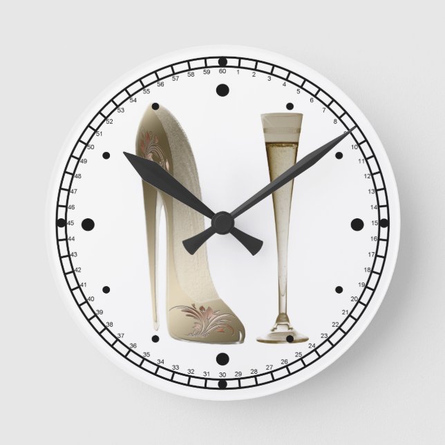 Stiletto Shoe Art and Champagne Flute Geschenke Runde Wanduhr (Vorderseite)