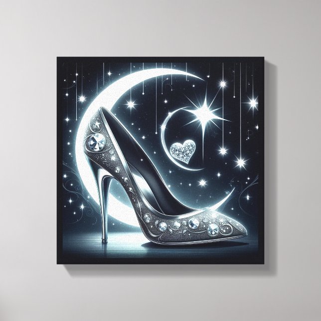 Stilettos, Diamanten, Mond, Sterne und Herzen Leinwanddruck (Vorderseite)