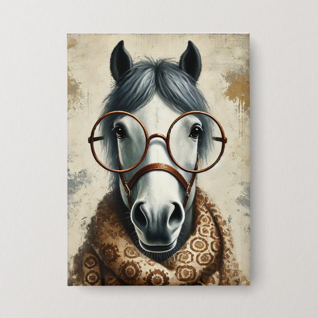 Stilftiges Pferd mit Brille - Vintage Kunst Button (Vorderseite)