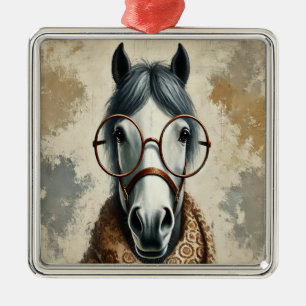 Stilftiges Pferd mit Brille - Vintage Kunst Ornament Aus Metall
