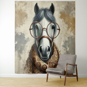Stilftiges Pferd mit Brille - Vintage Kunst Wandteppich