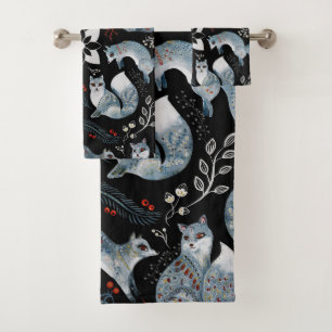 Stilisierte blaue Füchse mit aufwendigen floralen Badhandtuch Set