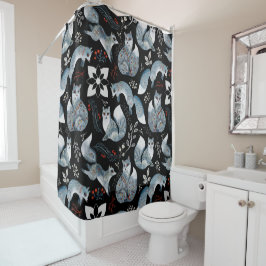 Stilisierte blaue Füchse mit aufwendigen floralen  Duschvorhang