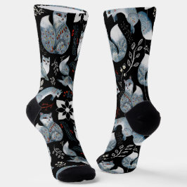Stilisierte blaue Füchse mit aufwendigen floralen  Socken