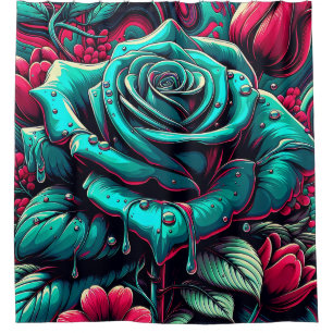 "Stilisierte blaue Rose mit Raindrops" Duschvorhang