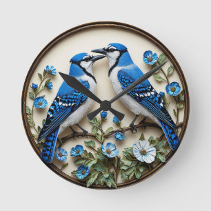 Stilisierte Blauhäher vor dekorativem botanischem Runde Wanduhr