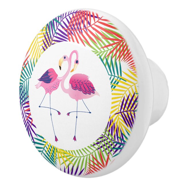 Stilisierte Coconut Leaf & Pink Flamingos Keramikknauf (Rechts)