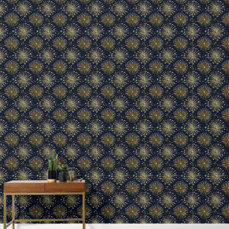 stilisierte Goldfolie, Blumen auf Mitternachtsblau Tapete